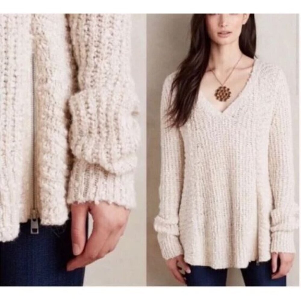 Moth Anthropologie Sweater Womens Small Oatmeal Side Zipper V Neck Wool Alpaca